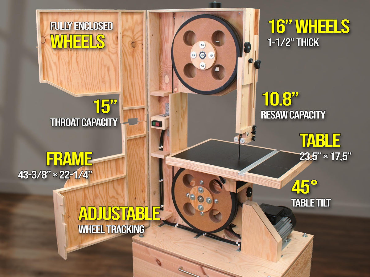 Bandsaw Plans with 16" Wheels and Tilting Table – Detailed Build Guide + Video