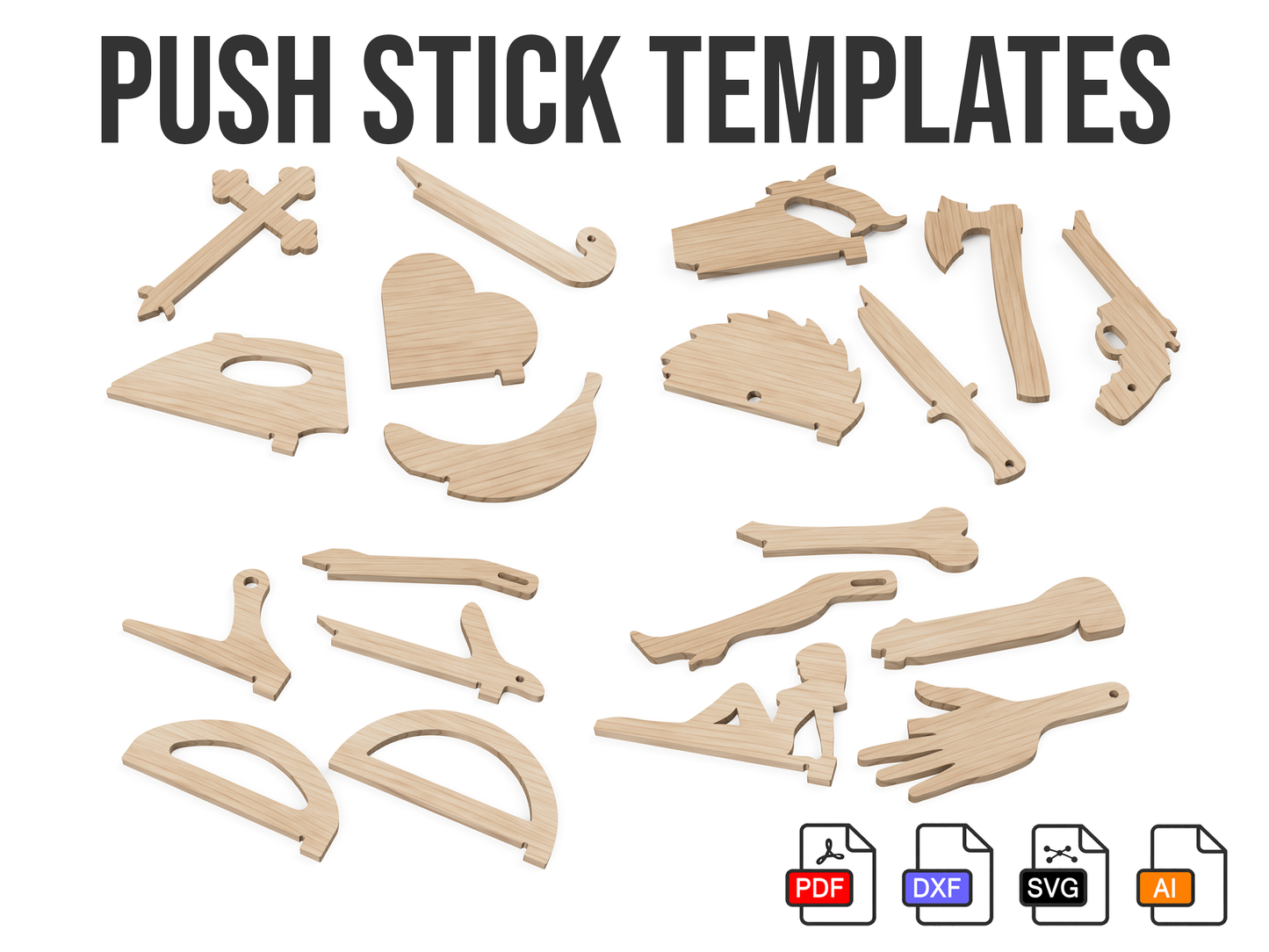 Push Stick Templates – Choose Your Pack, Printable A4 CNC SVG DXF Files (20 Designs Total)