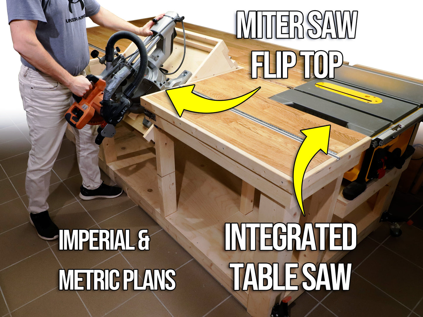 Miter Saw Flip-Top Workbench with a Table Saw | Plans in Imperial and Metric